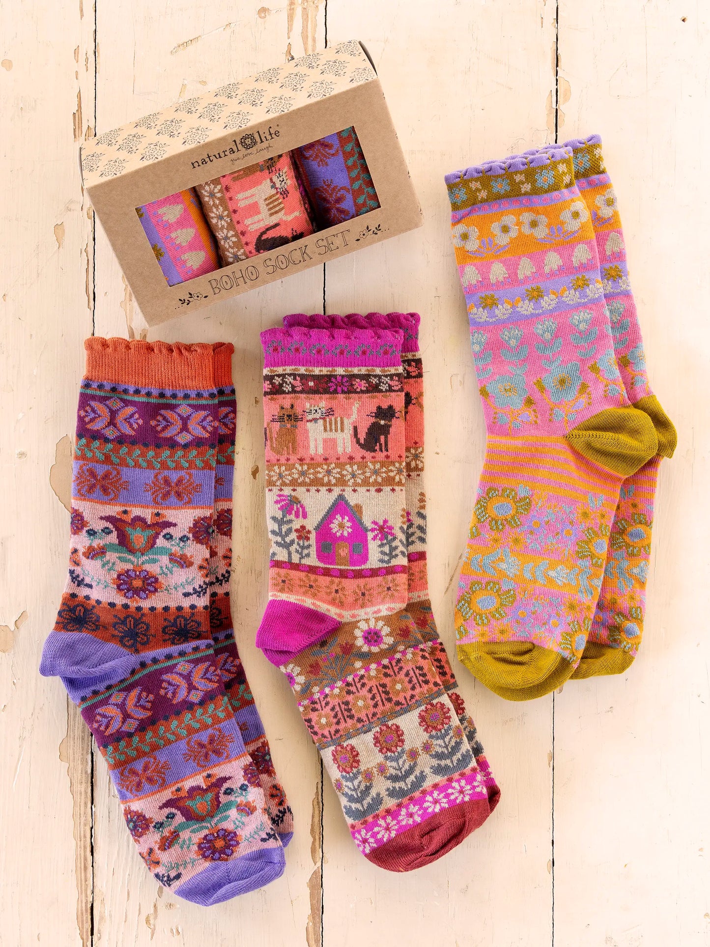 Boxed Boho Sock Set, Set of 3 - Cat
