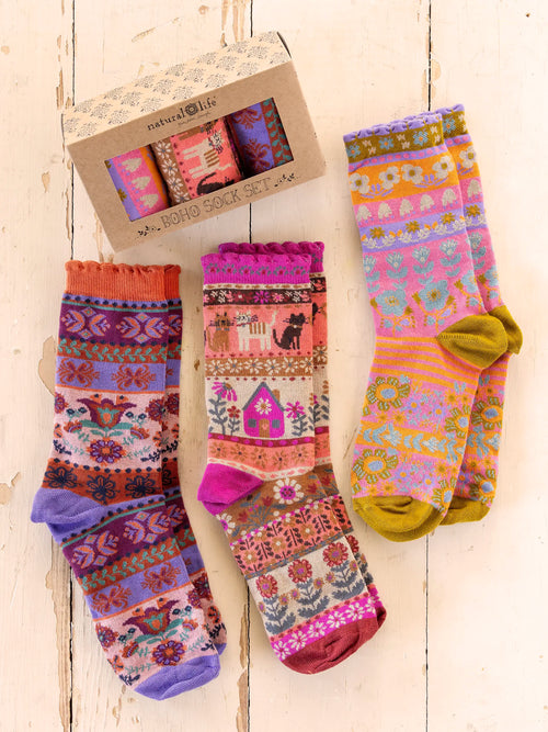 Boxed Boho Sock Set, Set of 3 - Cat