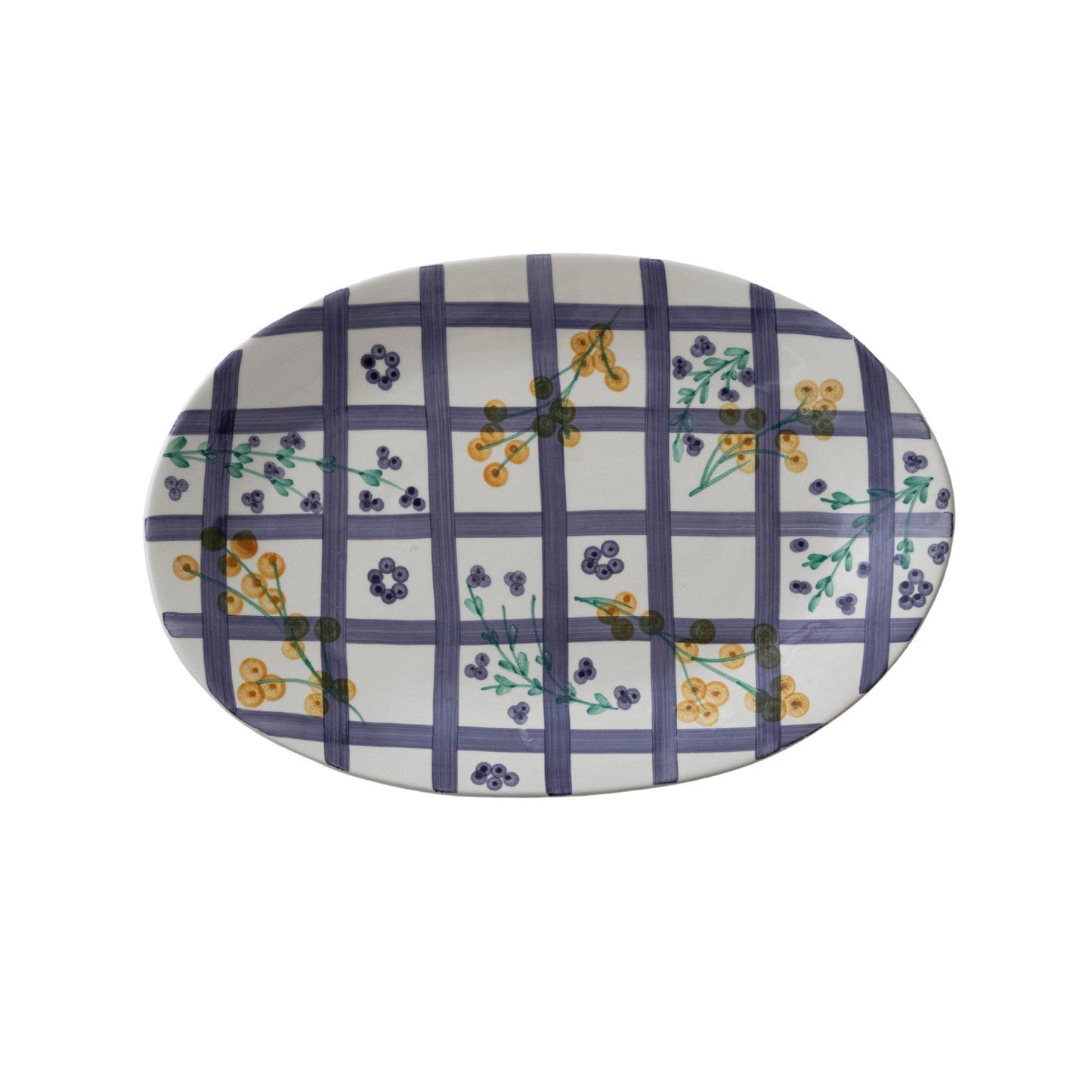 Botanical Grid Pattern Stoneware Platter - Indigo